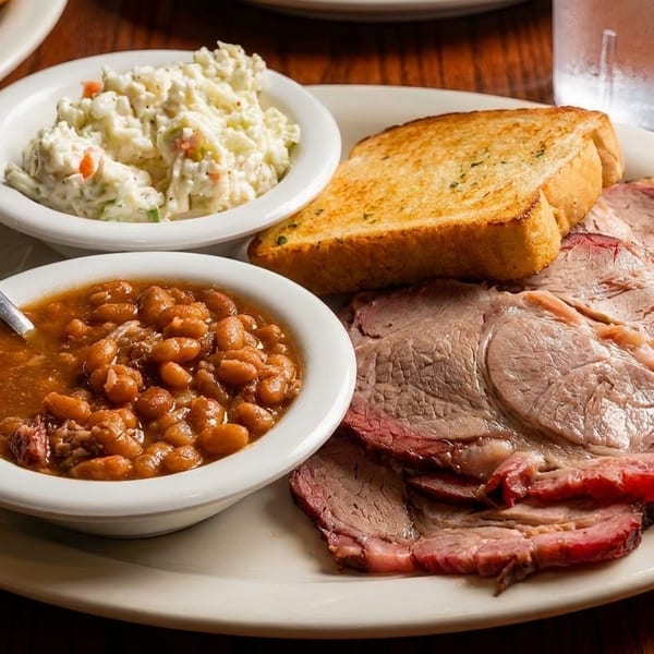 A plate of sliced brisket, baked beans, coleslaw, and toasted bread on a wooden table.