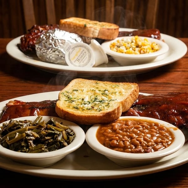Two plates of BBQ ribs with sides of baked beans, collard greens, garlic bread, and corn.