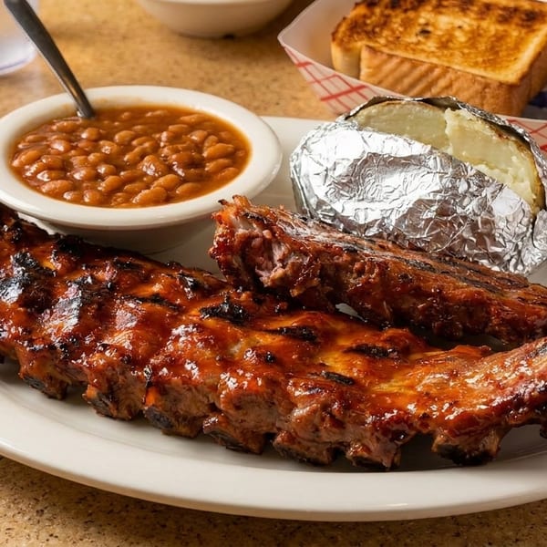 A plate of BBQ ribs with baked beans, a foil-wrapped baked potato, and toasted bread.